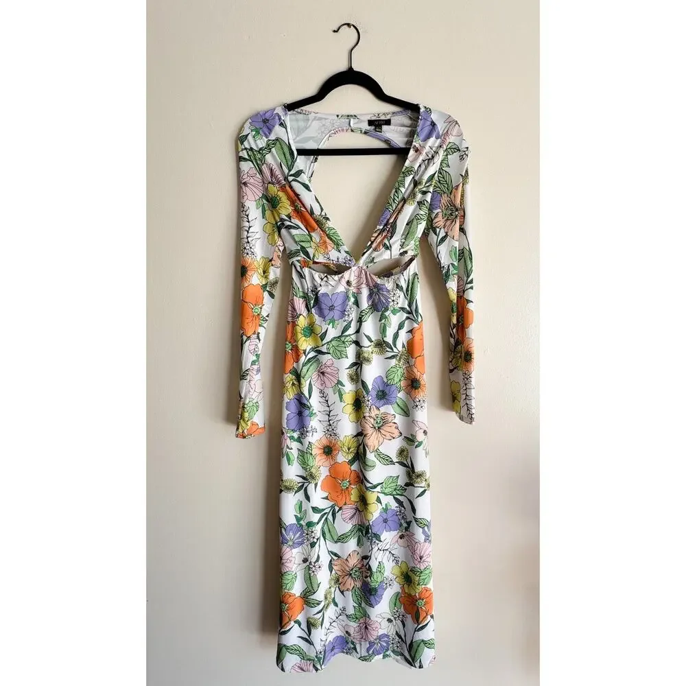AFRM White Vintage Floral Assi Long Sleeve Cutout V Neck Open Back Maxi Dress XS